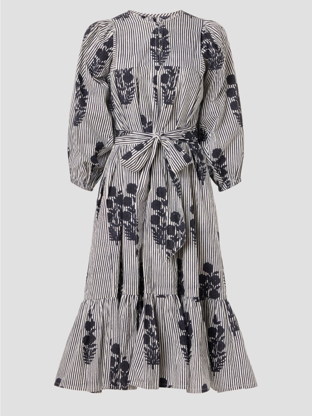 Striped Black and White Floral Tie-Waist Midi Dress - Picture 4 of 7